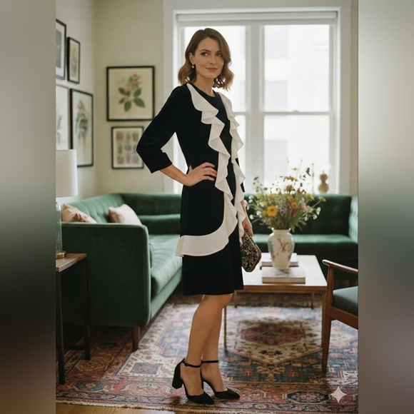Anne Fontaine Dresses & Skirts - Anne Fontaine Black Velvet White Ruffle Solange Cocktail Dress Size‎ 38 (6)